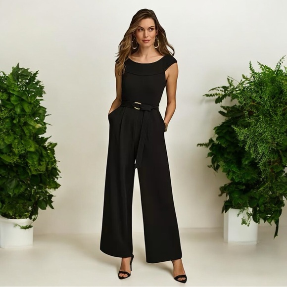 NWT Donna Karan Women's Scoop Neck Sleeveless Belted Jumpsuit Black 14